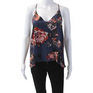 Helena Quinn Womens Spaghetti Strap V Neck Floral Silk Top Navy Multi Size Small